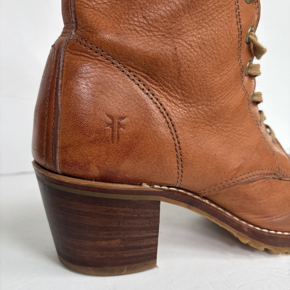 Vintage Frye Sabrina 6G Lace Up Boot 7.5 Saddle Leather Made USA Vibram Lug Heel - Picture 2 of 16
